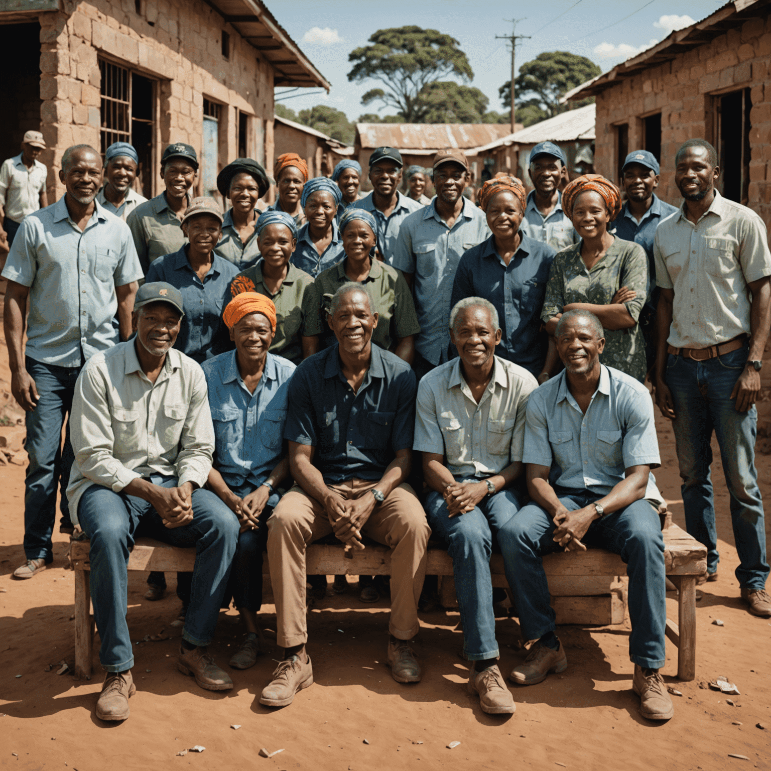 A diverse group of South African community members collaborating on a local project, showcasing unity and determination