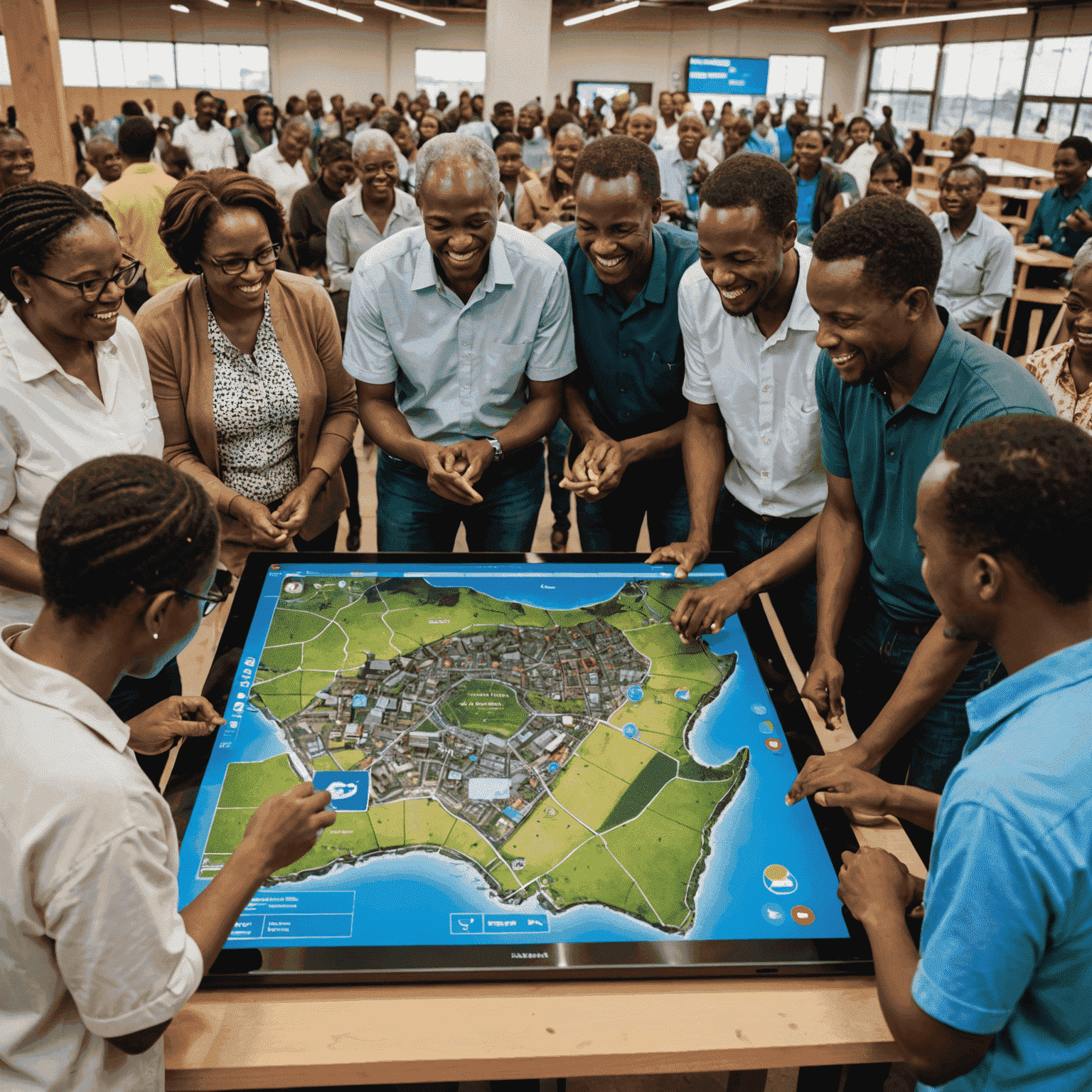 A diverse group of South African community members gathered around a large touchscreen displaying the Fostainter platform, with excitement and engagement visible on their faces. The background shows a mix of urban and rural landscapes, symbolizing the platform's reach across different communities.