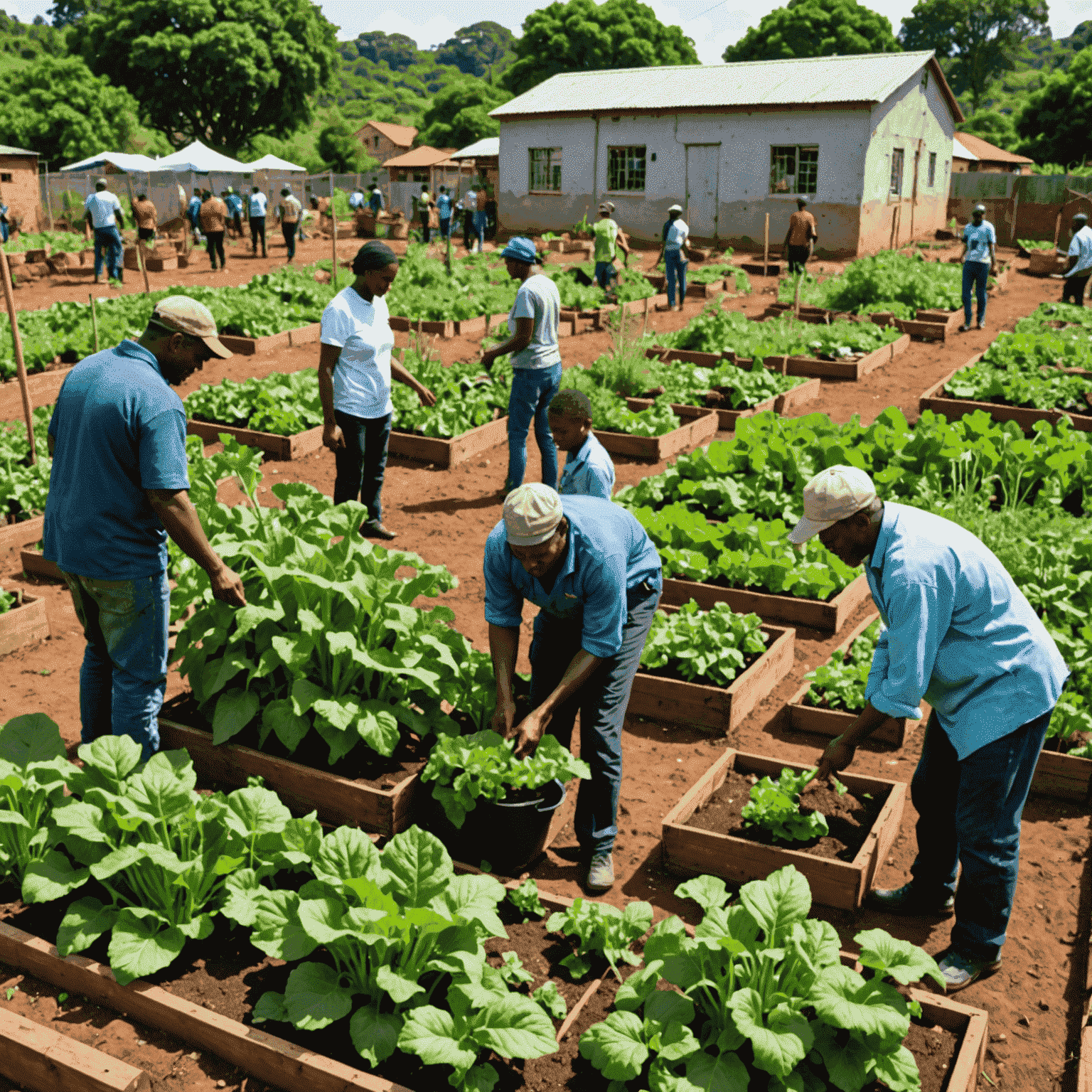 Thriving community garden in Umlazi with diverse vegetables and community members tending to plants