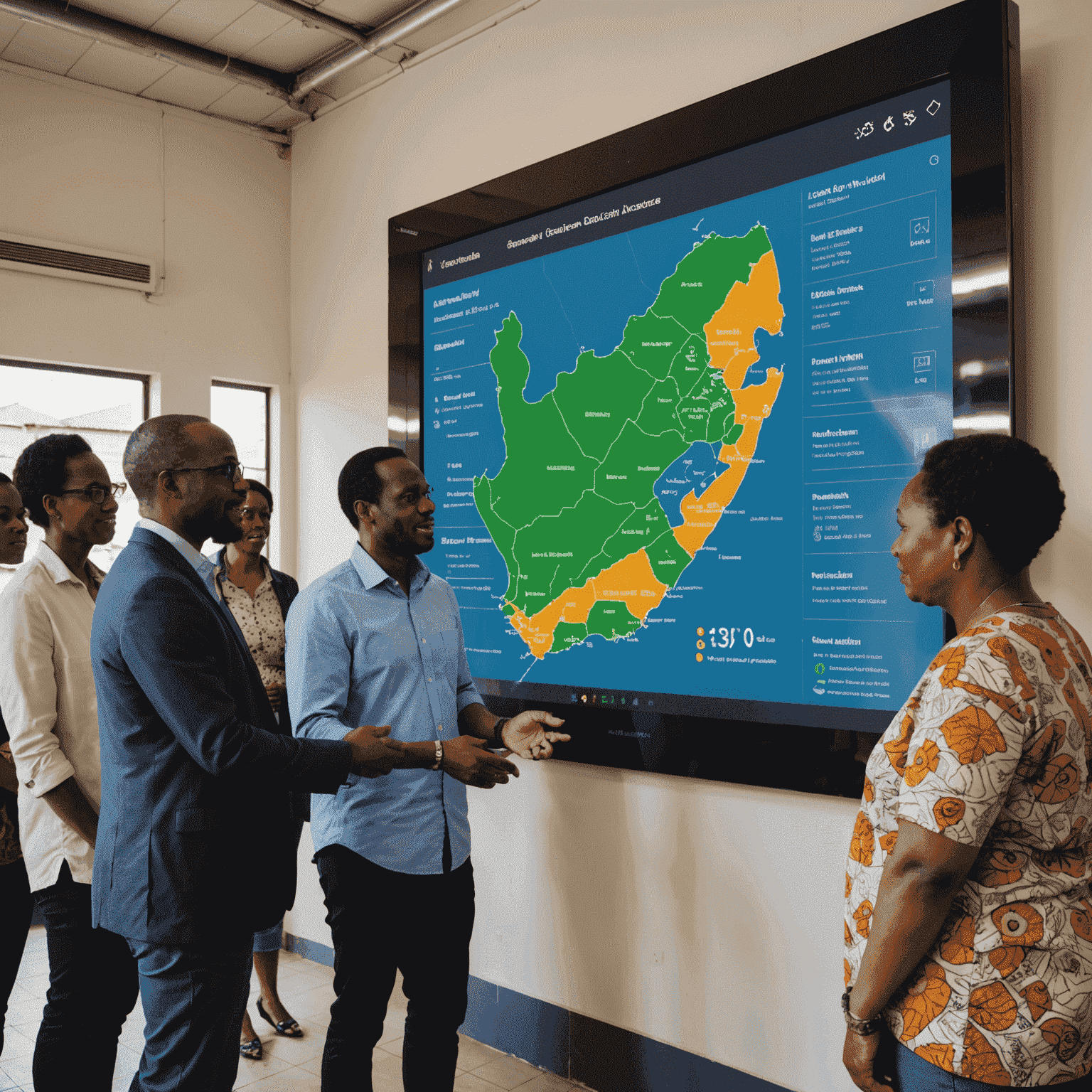 A diverse group of South African community members gathered around a large touchscreen display, interacting with Fostainter's transparent project funding interface. The screen shows real-time updates on various local initiatives, with clear breakdowns of fund allocation and progress metrics.