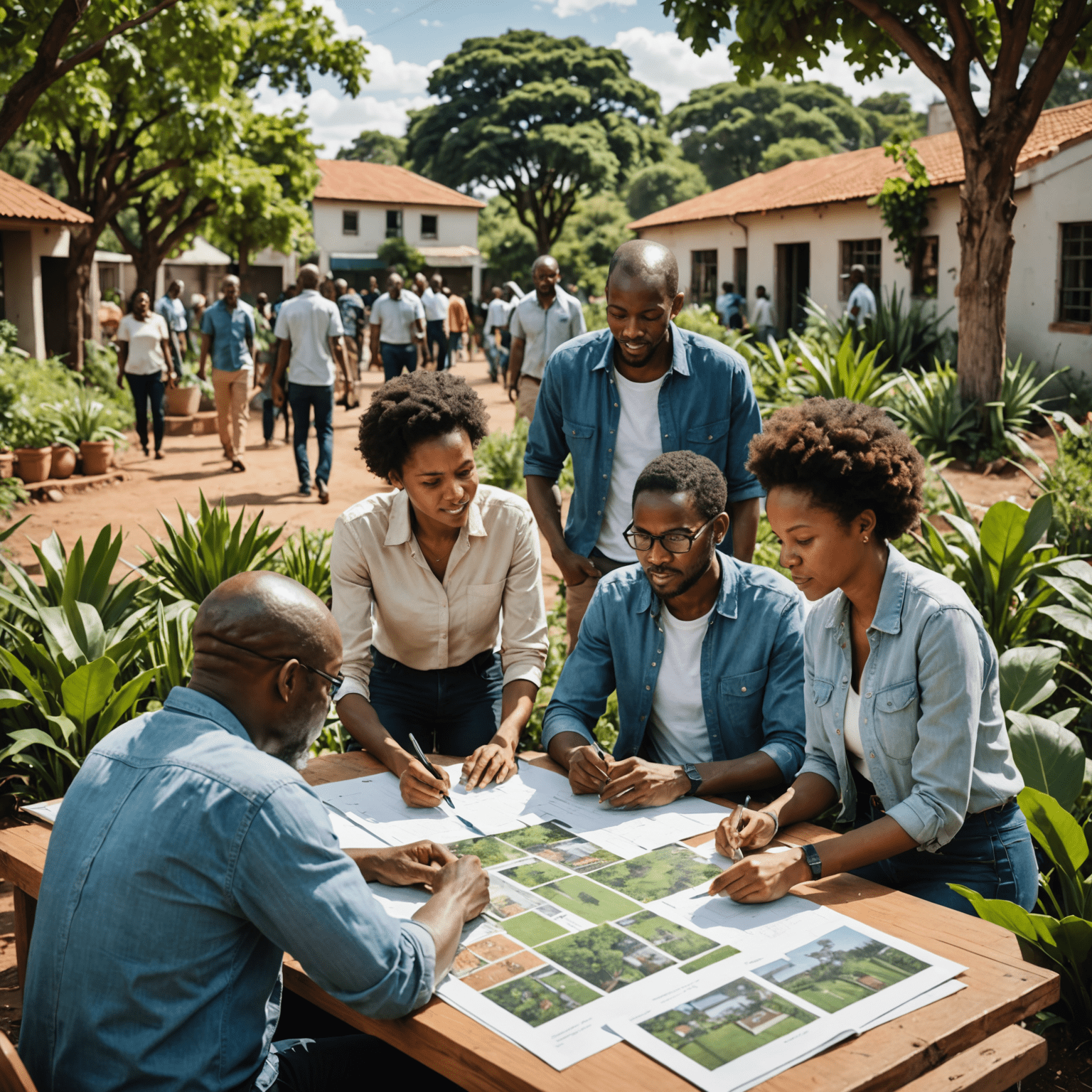 A diverse group of South African community members collaborating on a project plan, surrounded by lush greenery and urban buildings