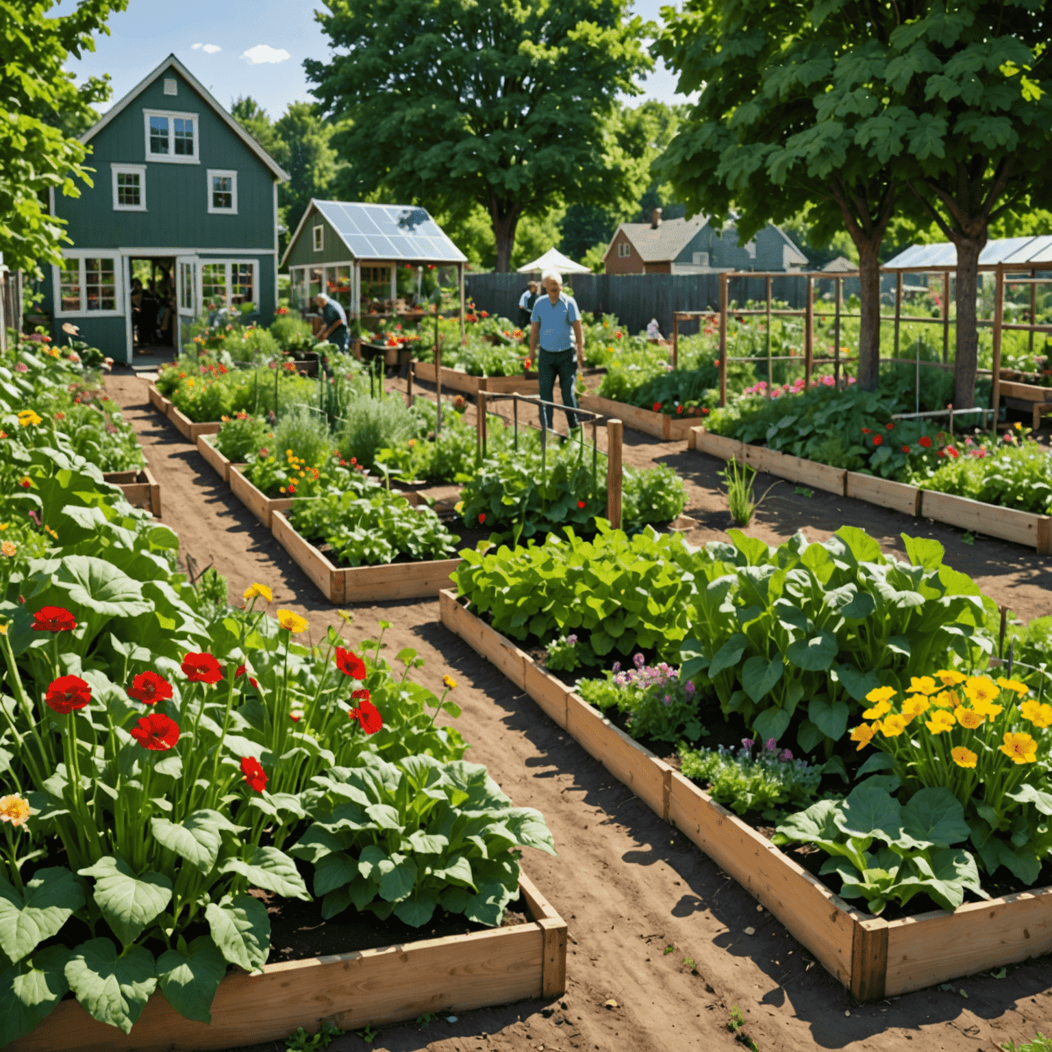 A lush community garden with diverse vegetables and flowers, tended by local residents of all ages working together