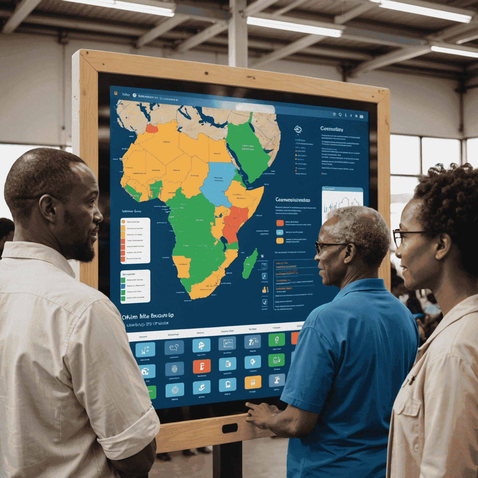 A diverse group of South African community members gathered around a large touchscreen display, viewing real-time project updates and progress charts. The screen shows various community projects with completion percentages and milestone markers.