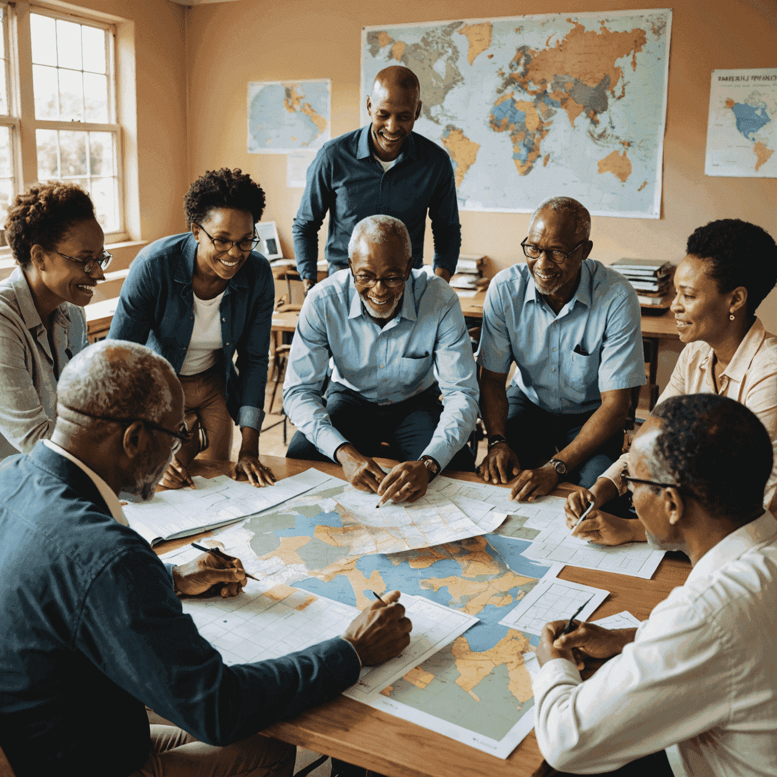 A diverse group of South African community members engaged in a lively discussion around a table, with project plans and maps spread out before them. The scene depicts a mix of ages and backgrounds, symbolizing inclusive community participation.
