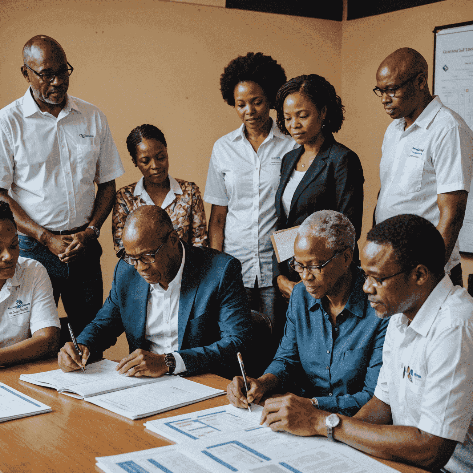 A group of diverse South African community members reviewing project reports together, discussing the positive outcomes and long-term benefits of completed initiatives