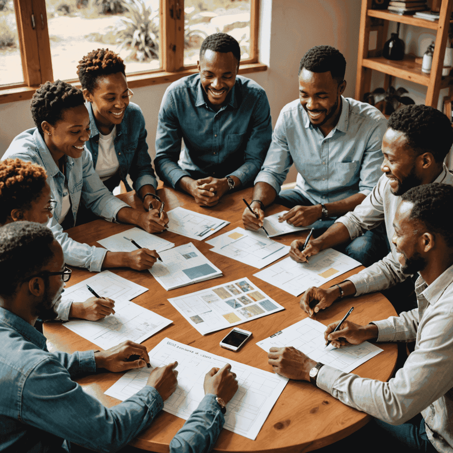 A diverse group of South African community members gathered around a table, discussing plans for a new local initiative. The image showcases collaboration and excitement for positive change.