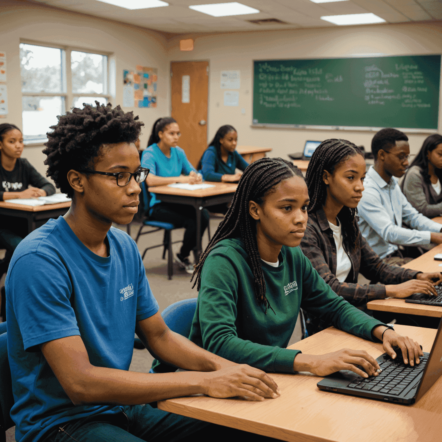Young adults learning computer skills in a modern, well-equipped classroom in Glenwood