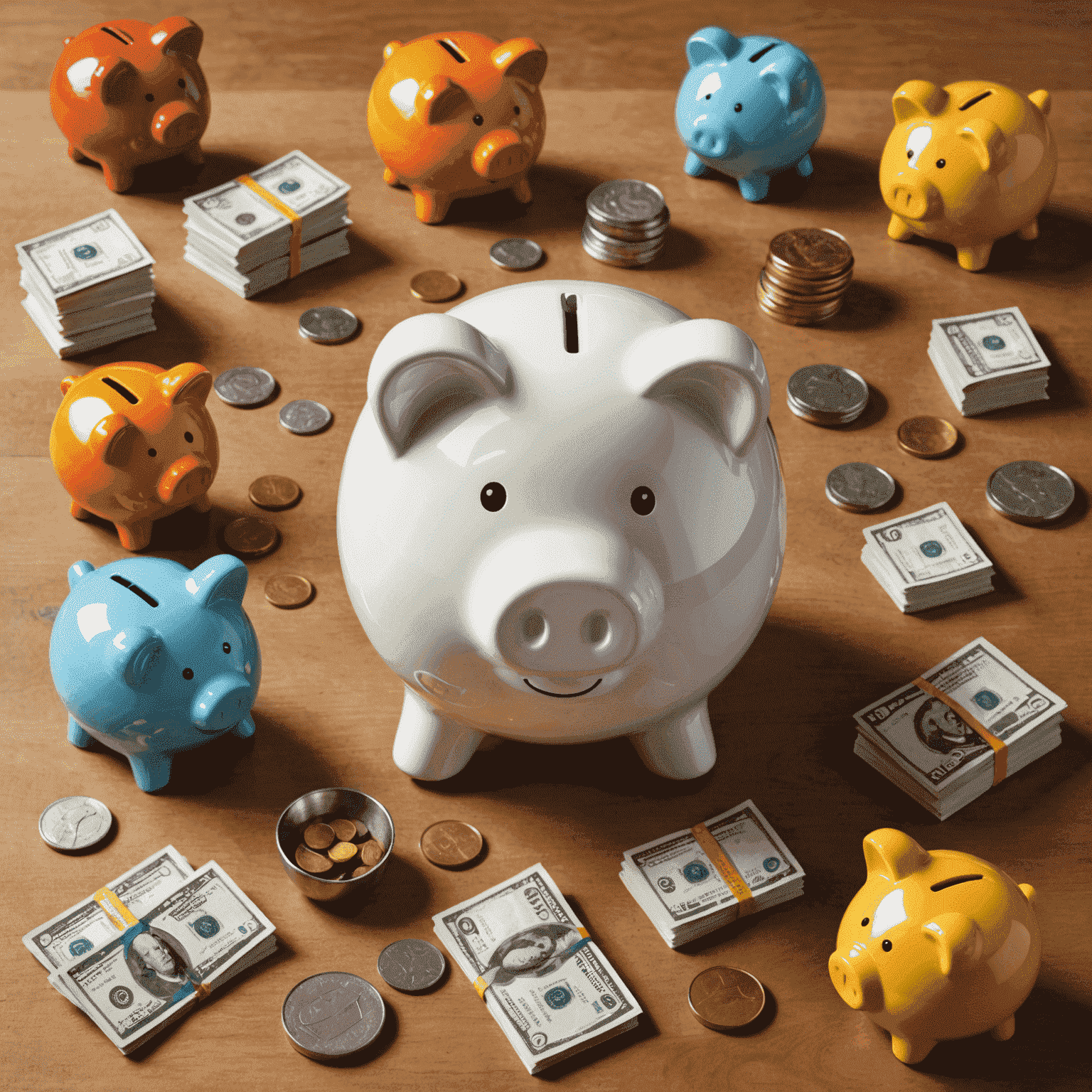 Various currency symbols and a piggy bank, representing different funding options for community projects