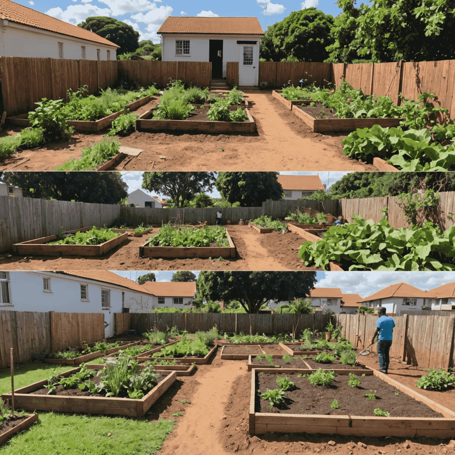 Before and after images of a renovated community garden in Durban, with diverse volunteers working together