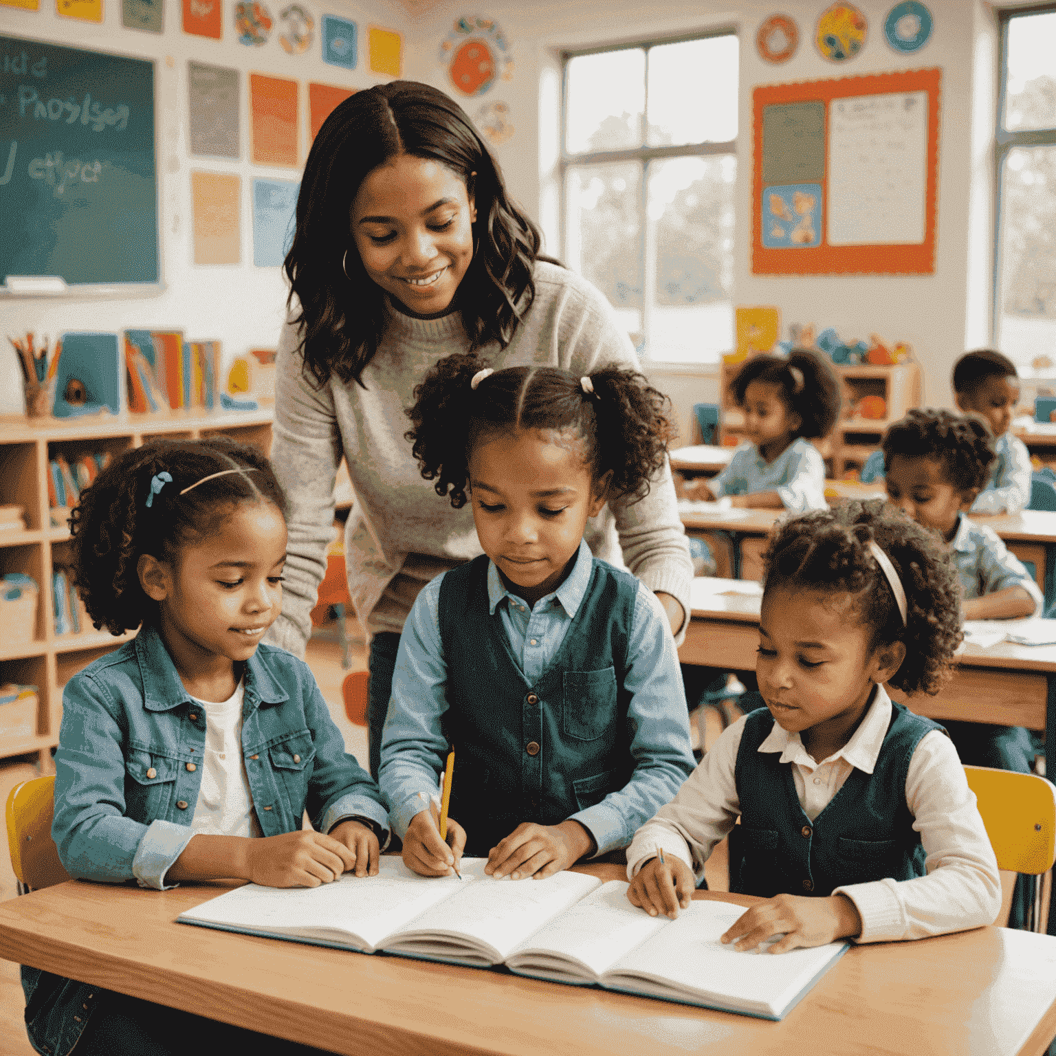 A group of diverse children engaged in various educational activities in a bright, welcoming classroom setting