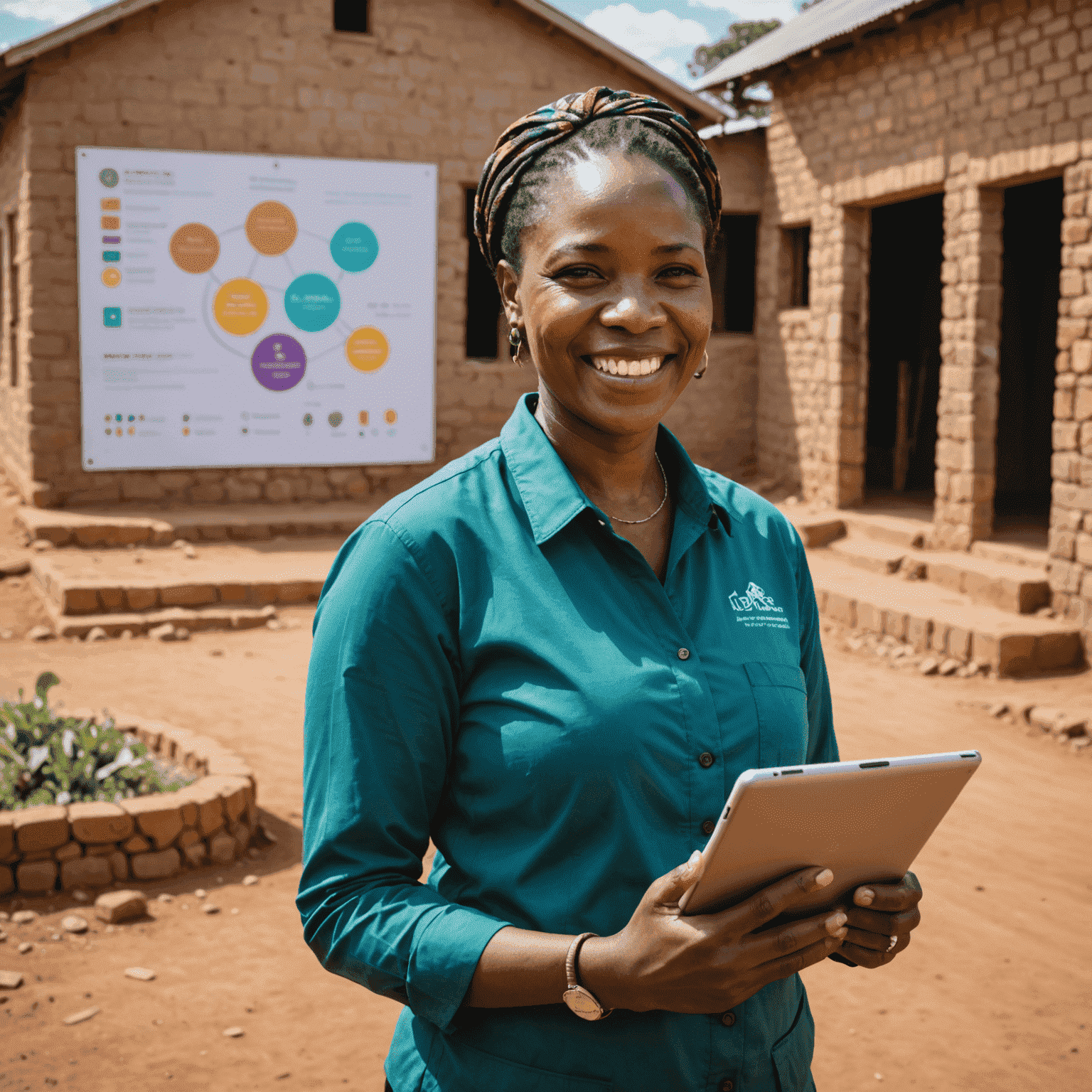 A smiling project leader in a rural South African setting, holding a tablet displaying colorful impact graphs and testimonials from community members. Behind her, a newly constructed community center can be seen.