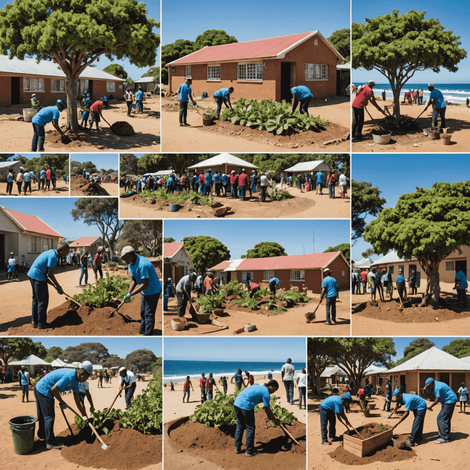 A vibrant collage of South African community projects in action: people planting trees, renovating a community center, teaching in a classroom, and cleaning up a beach. The image showcases the diversity of projects and the unity of purpose in improving local communities.