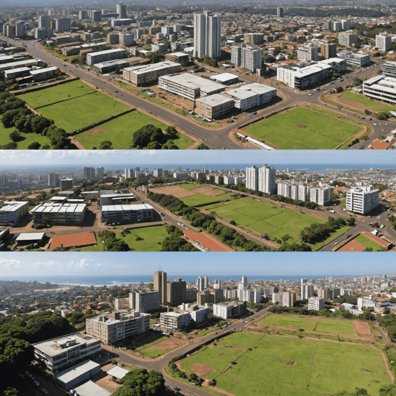 Before and after images of a Durban neighborhood, showing visible improvements in infrastructure, green spaces, and community facilities. The transformation highlights the positive impact of Fostainter-funded projects.