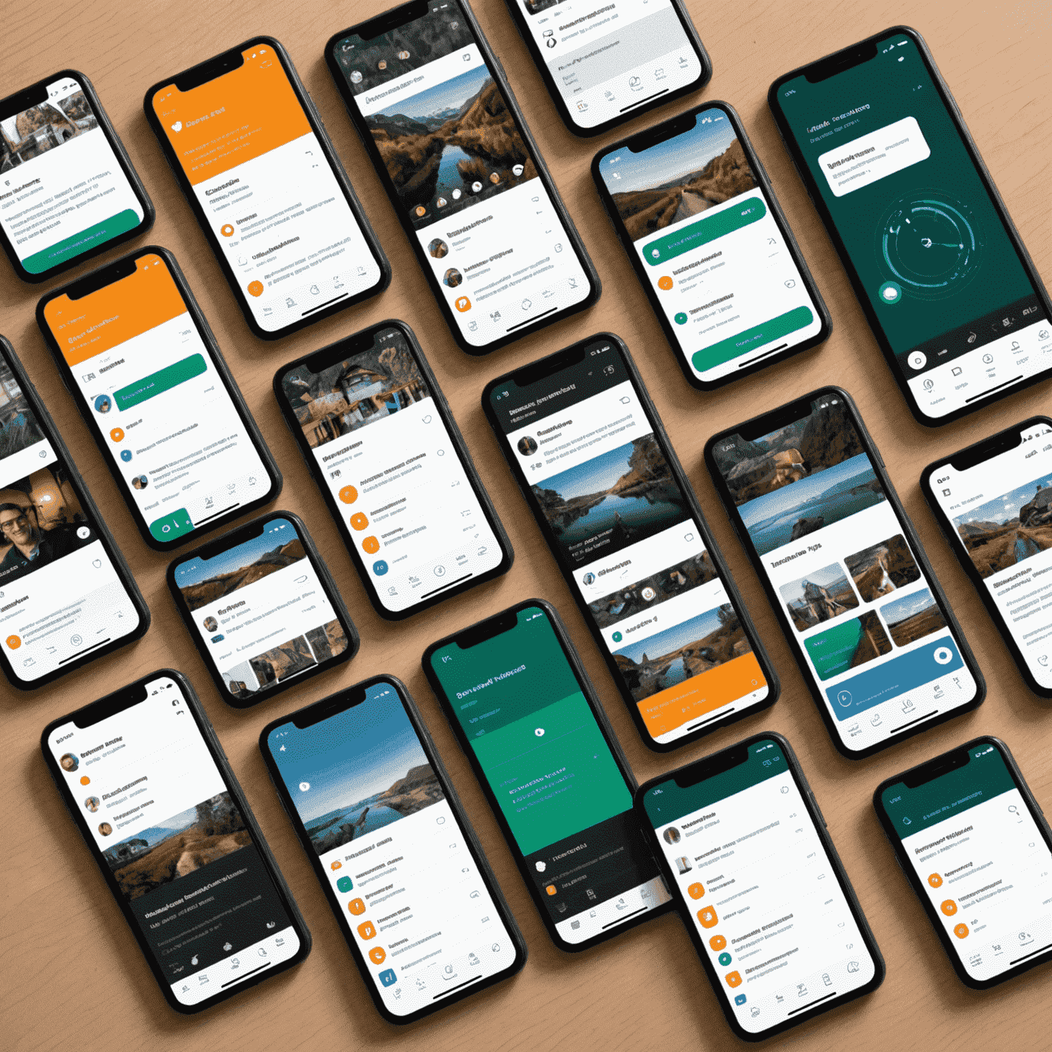 A collage of smartphone screens showing Fostainter's mobile app interface. Various screens display project updates, community feedback forms, and interactive impact visualizations, emphasizing the platform's accessibility and user-friendly design.