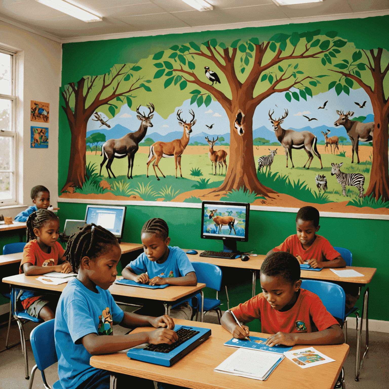 Children using new computer equipment in a brightly painted classroom, with a mural of South African wildlife on the wall