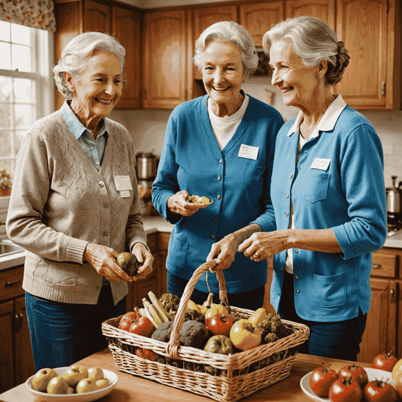 Smiling volunteers assisting elderly community members with groceries and companionship in a home setting