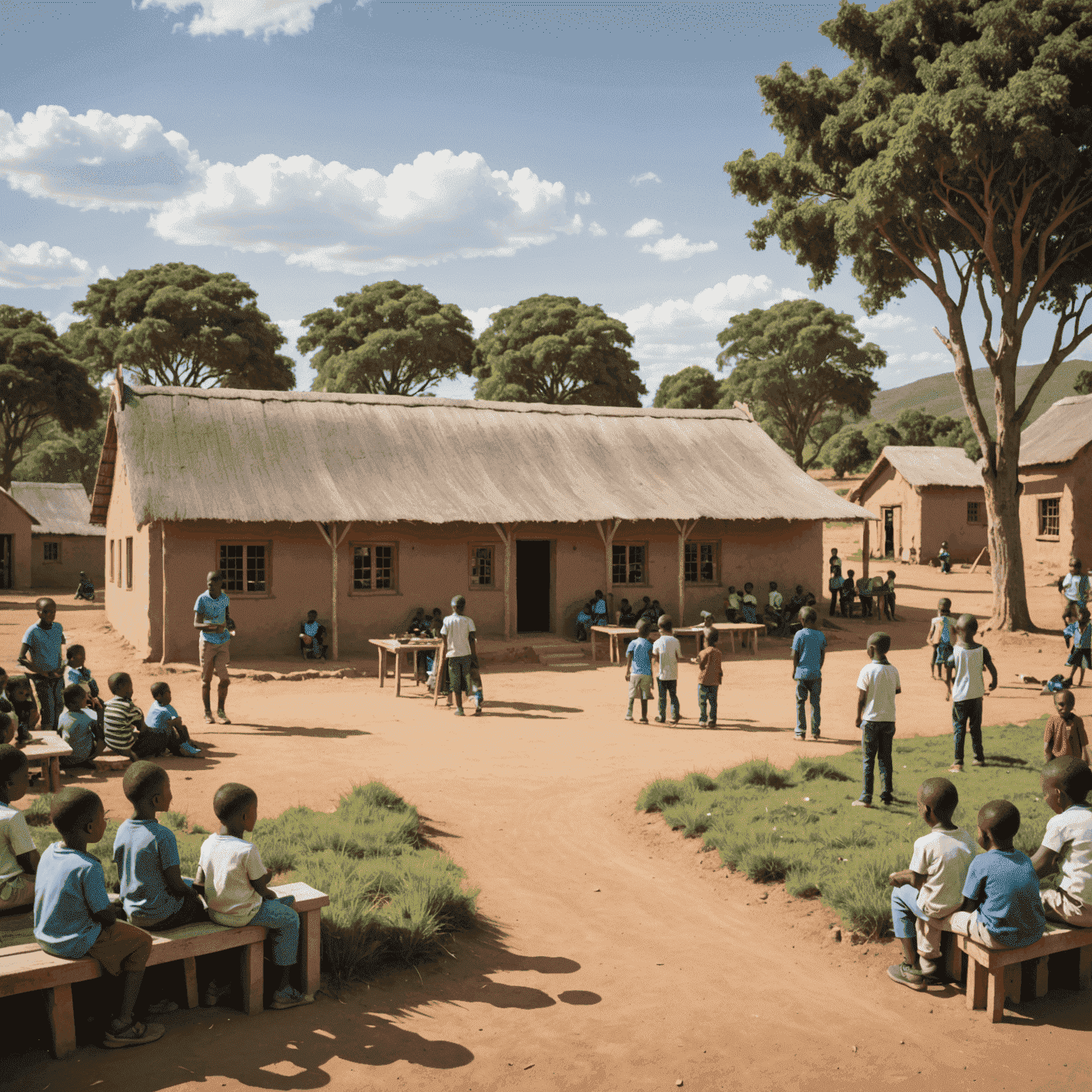 A newly built community center in a rural South African village, with children playing and adults gathering for a workshop