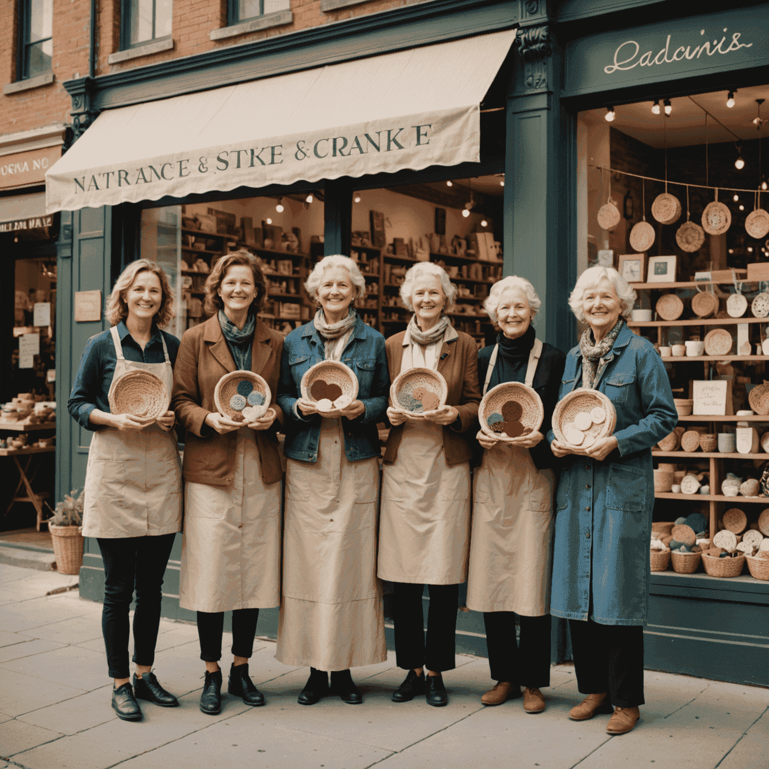 A group of women proudly displaying their handmade crafts in front of a small business storefront