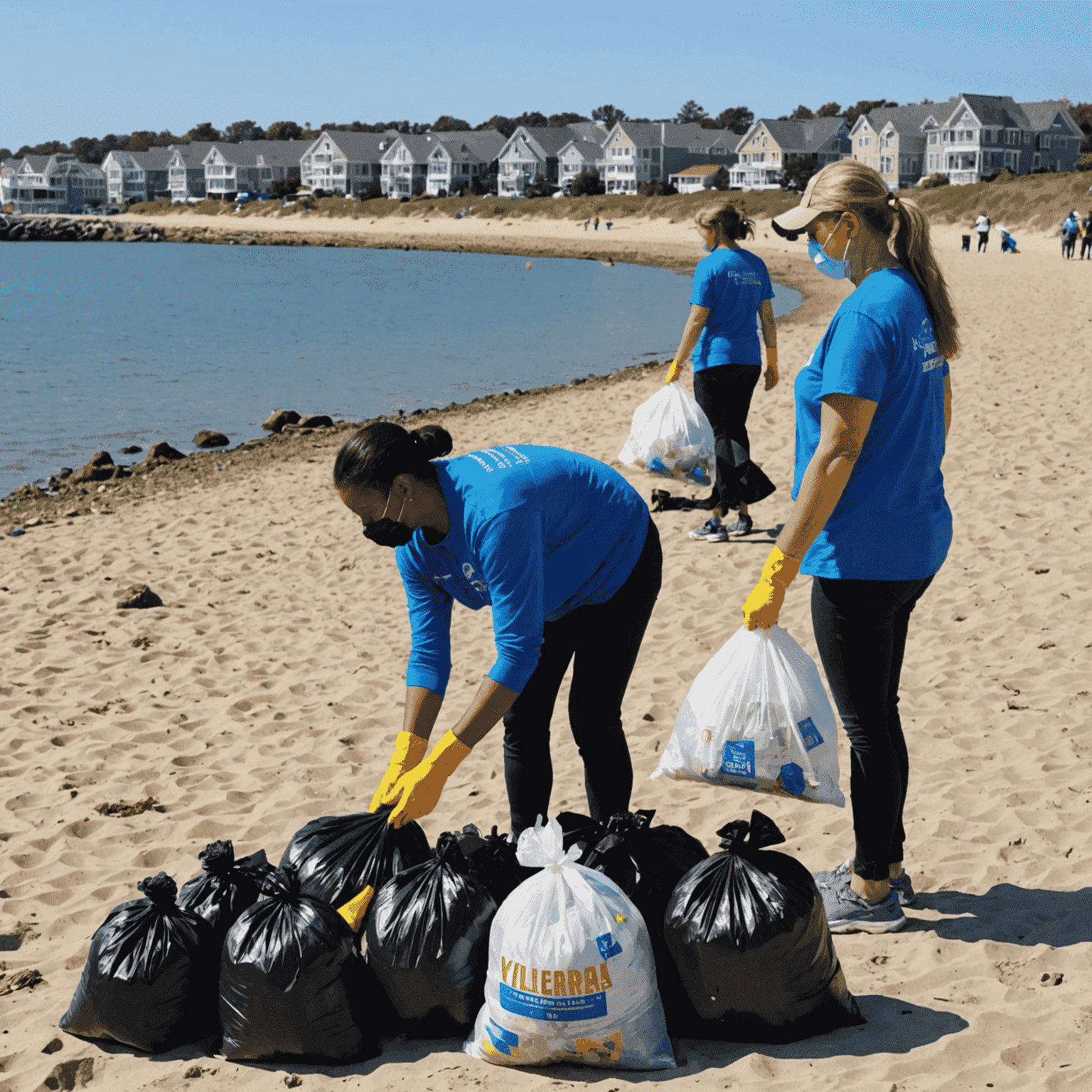 Volunteers cleaning up Point Waterfront beach, with bags of collected trash and clean shoreline visible