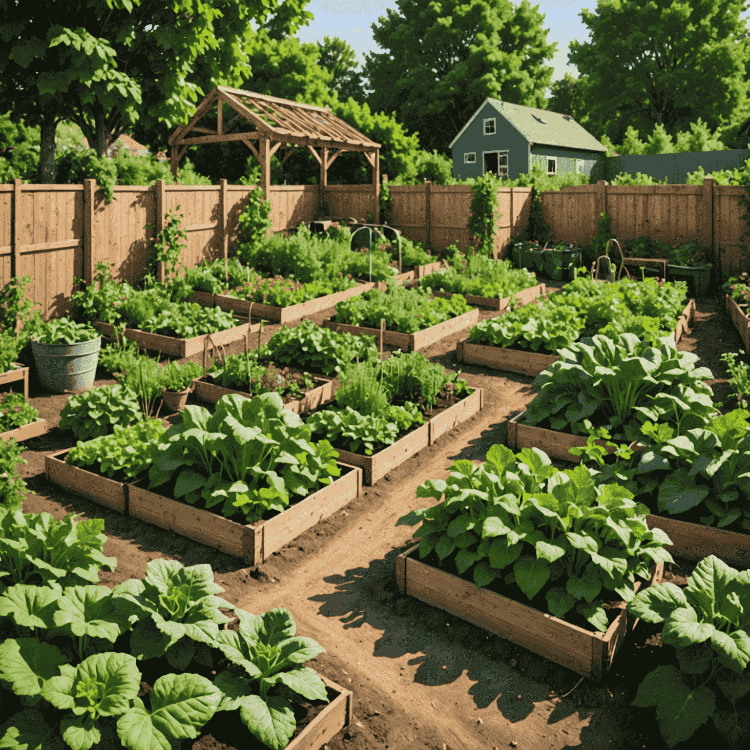 A lush community garden with diverse vegetables and fruits, tended by local residents